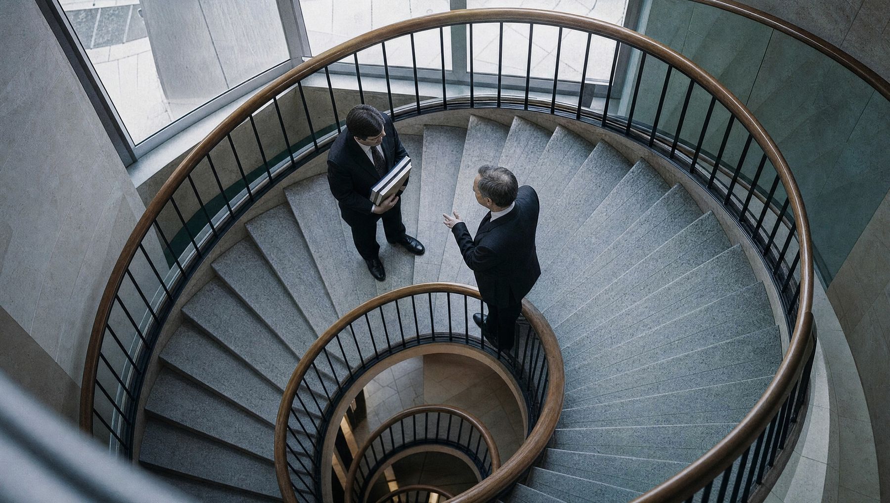 Two executives in suits talking on the landing of a spiral staircase, seen from several floors above.