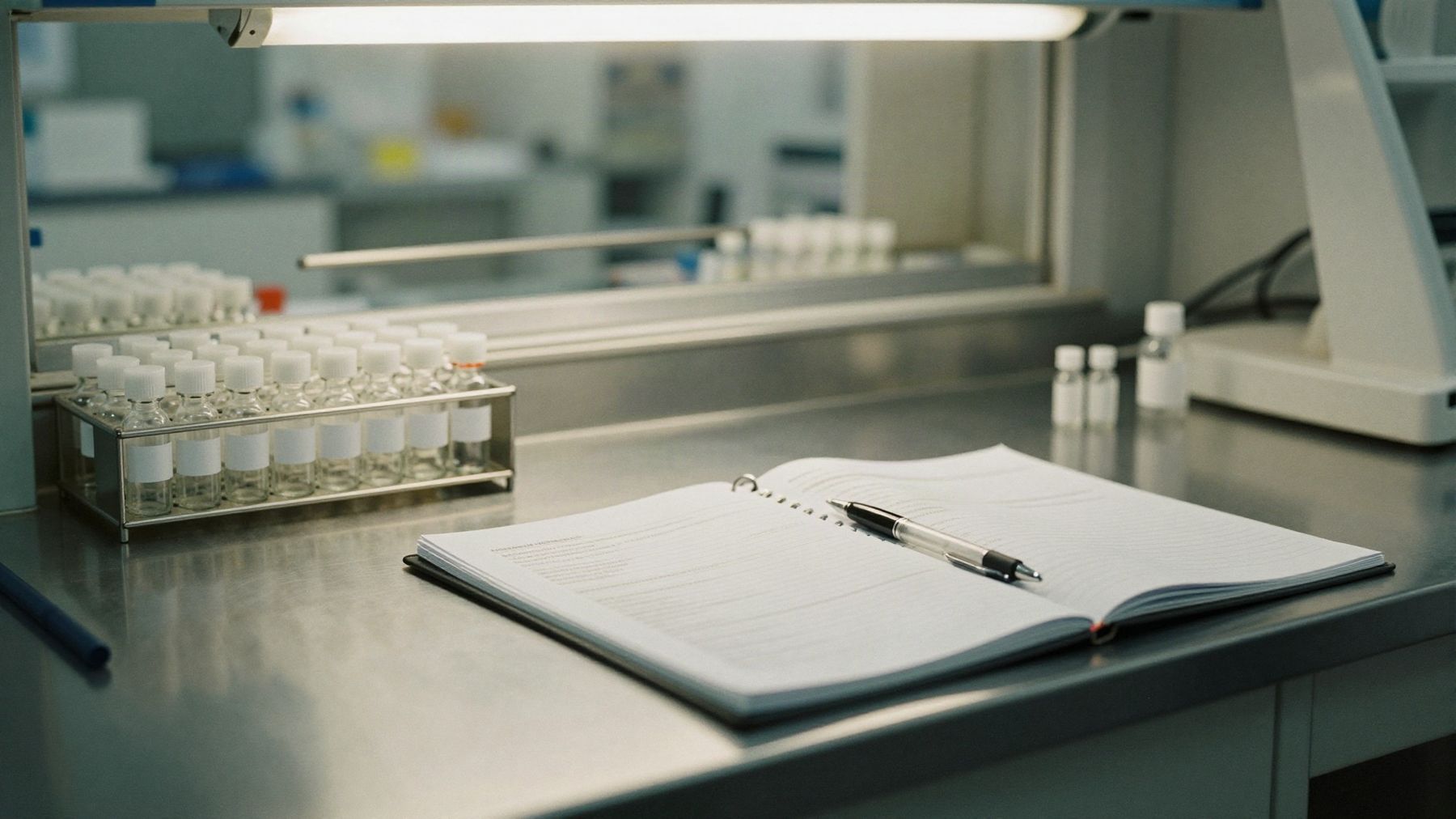 A laboratory bench with racks of labeled sample vials and an open binder of procedures.